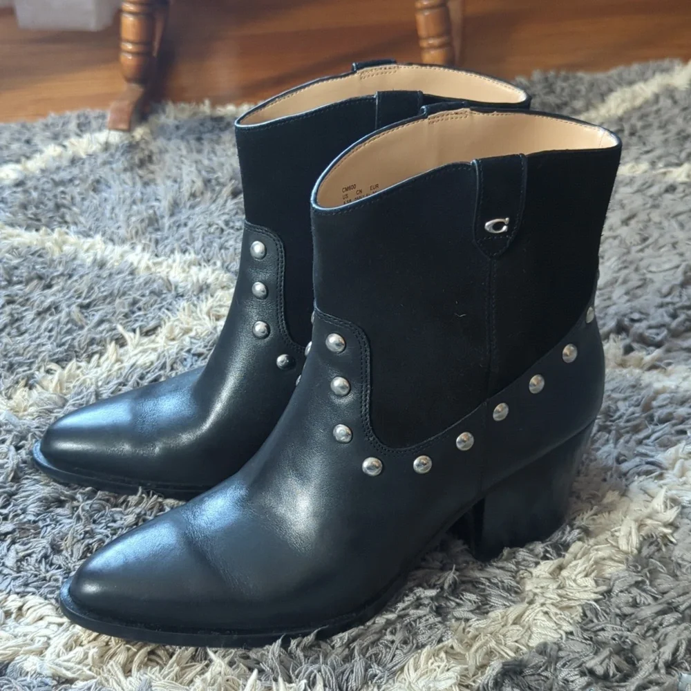 COACH Pauline Leather Suede Bootie Black 8.5 B Womens Studded Western Ankle Boot - Picture 7 of 8